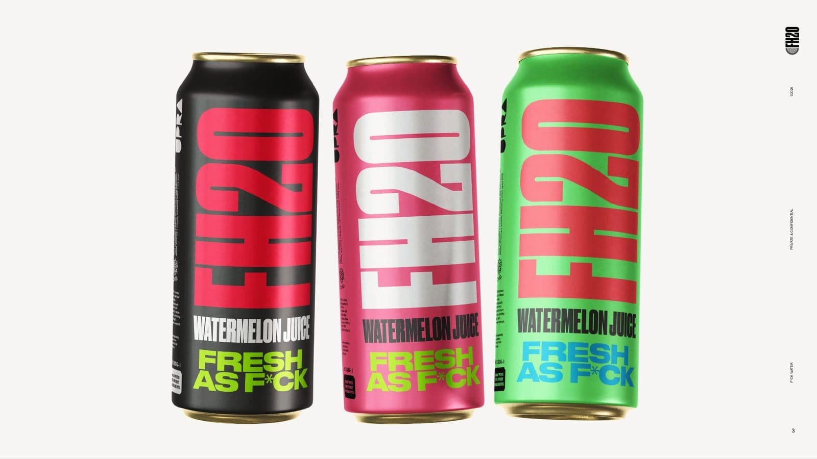 FH2O cans — black, pink and green colourways